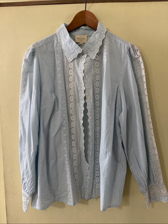 Sezane Tops - Sezane Claudio Light Blue & White Pinstripe Lace-Trim and inset Blouse NWT
